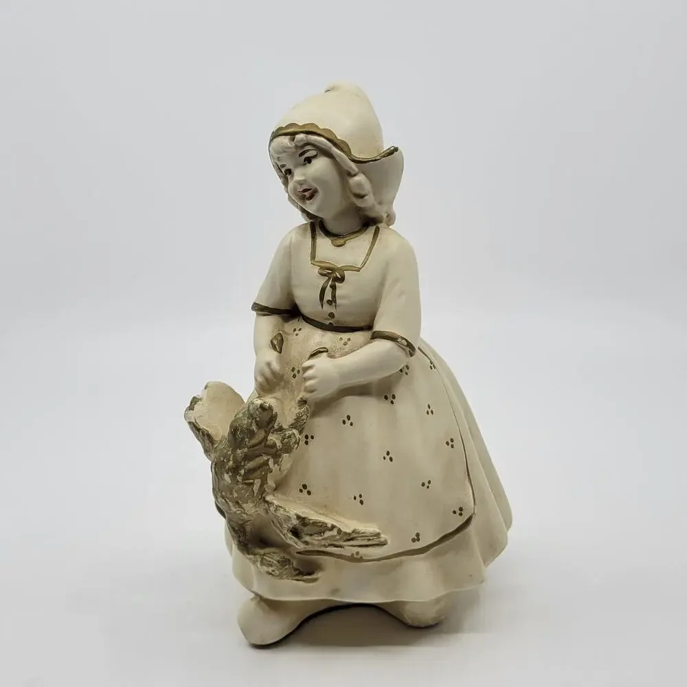 Vintage Antique Chalkware Dutch Girl with Goose Figure Figurine Sculpture